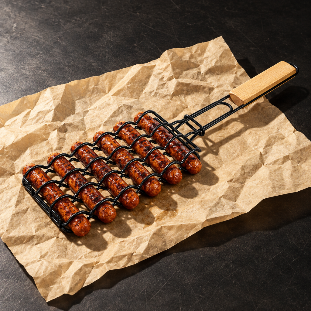 The Snag Rack holding six grilled sausages on butcher paper