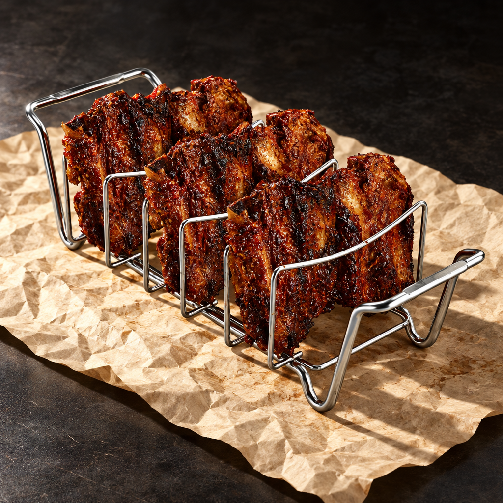 The Rib Rack holding four racks of glazed ribs upright