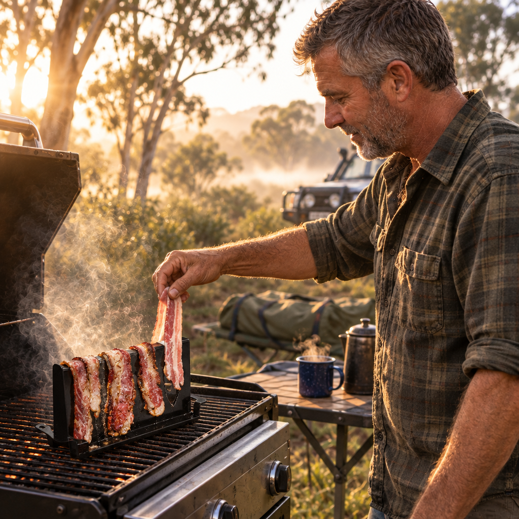 Hanging bacon on the Bacon Rack at a camp breakfast