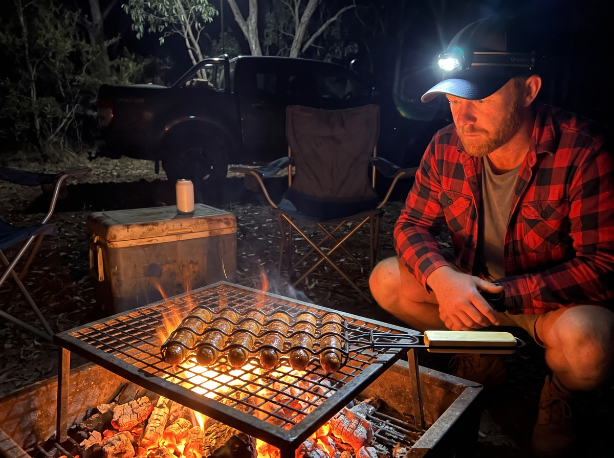 Six snags in the Snag Rack over campfire coals at night