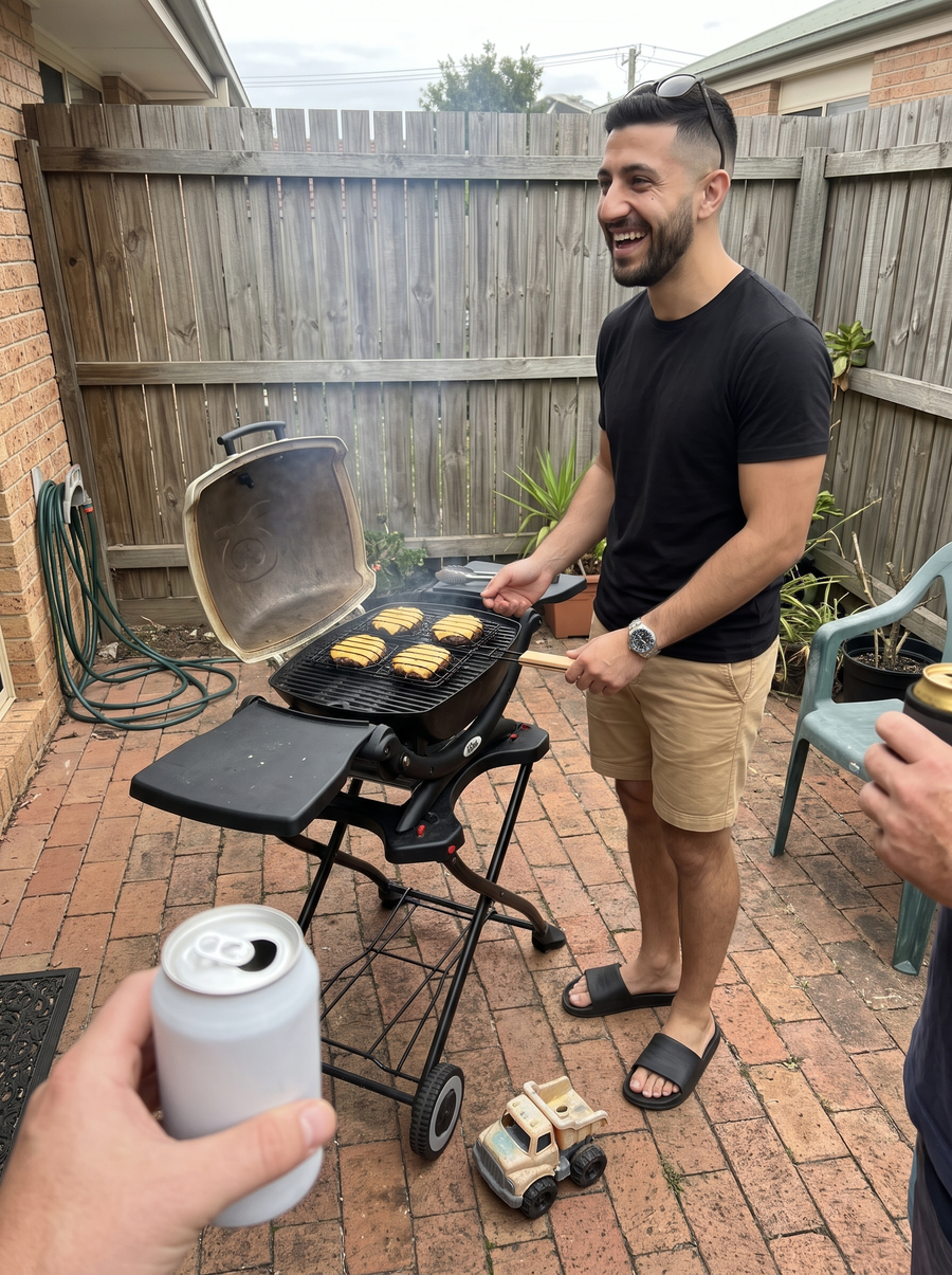 Cooking burgers in the Burger Rack in a courtyard with mates