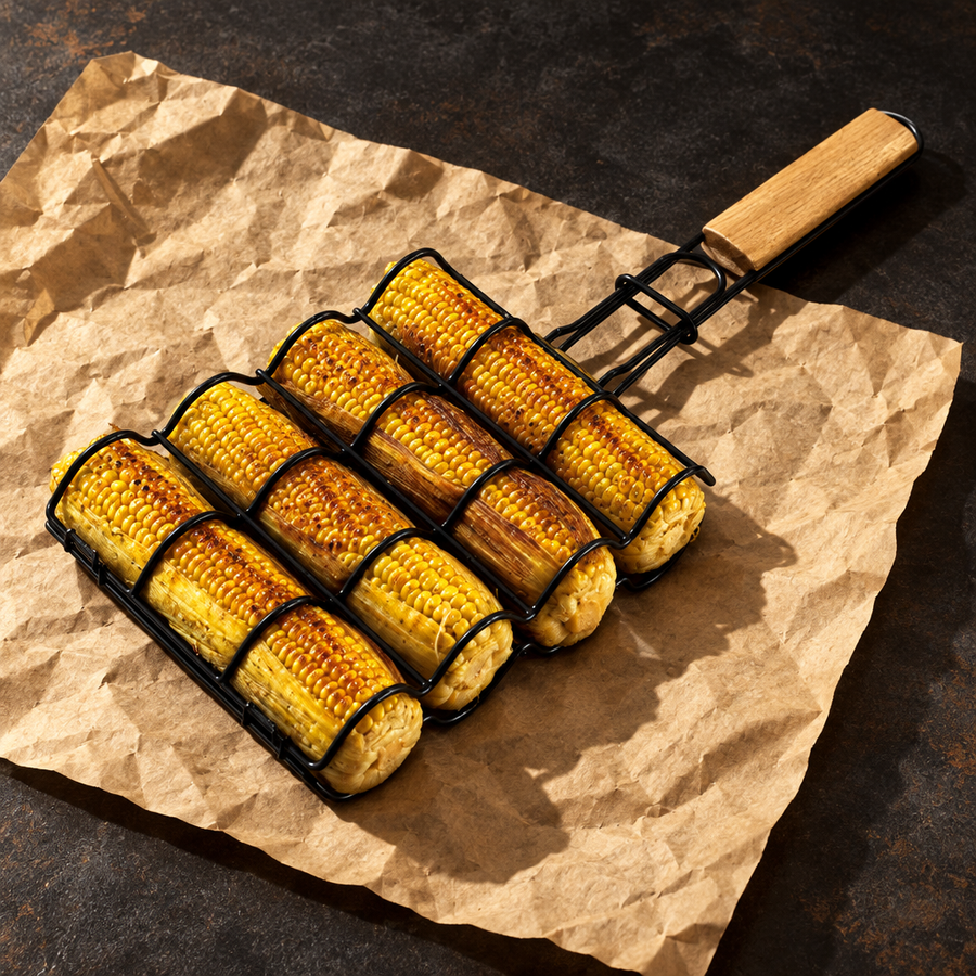 The Cob Rack holding four charred corn cobs on butcher paper