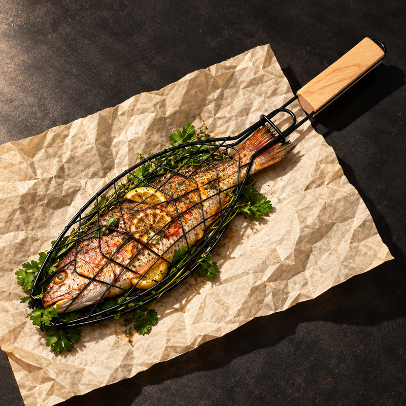 The Fish Basket holding a whole snapper with lemon and herbs