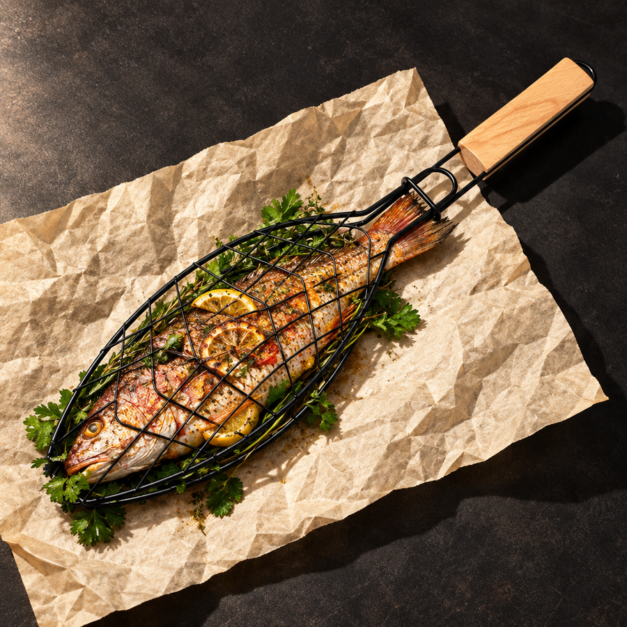 The Fish Basket holding a whole snapper with lemon and herbs