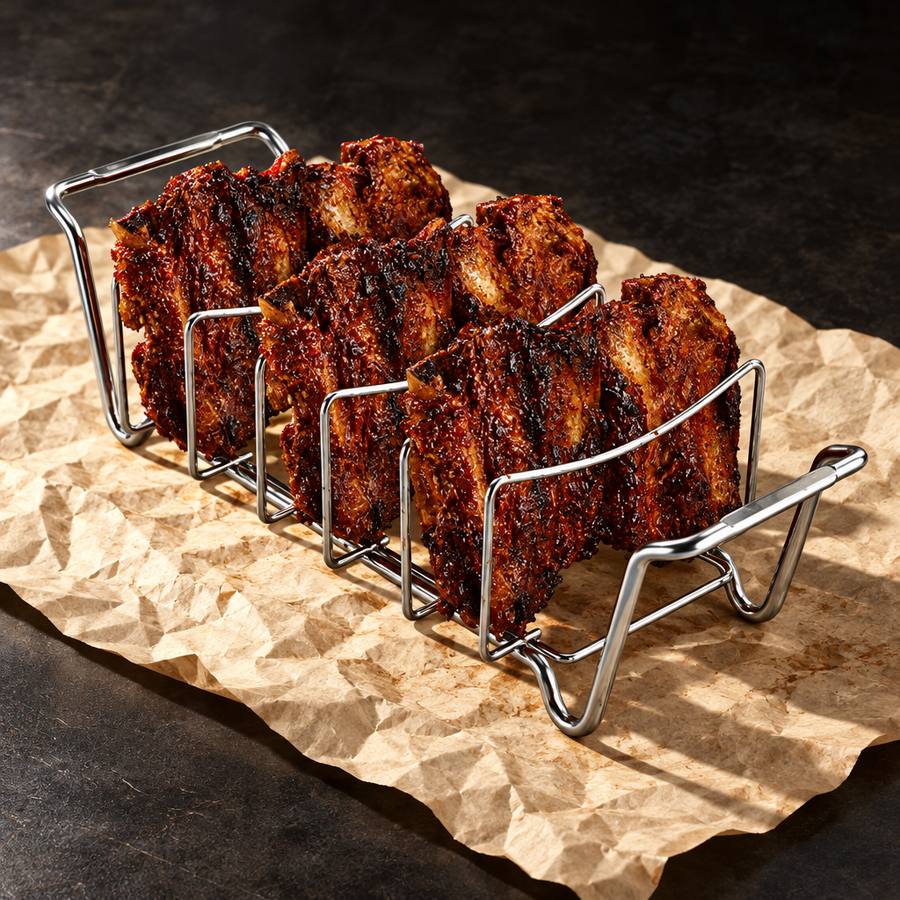The Rib Rack holding four racks of glazed ribs upright