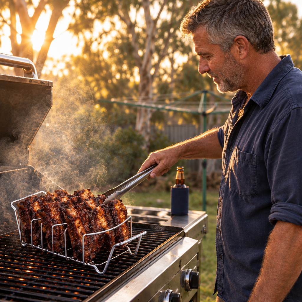 Checking ribs in the Rib Rack on a hooded BBQ