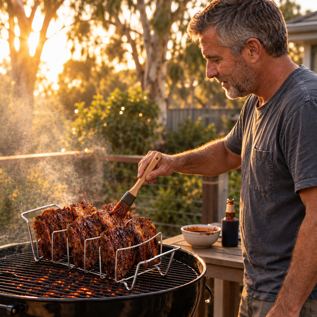 Saucing ribs in the Rib Rack on a charcoal kettle