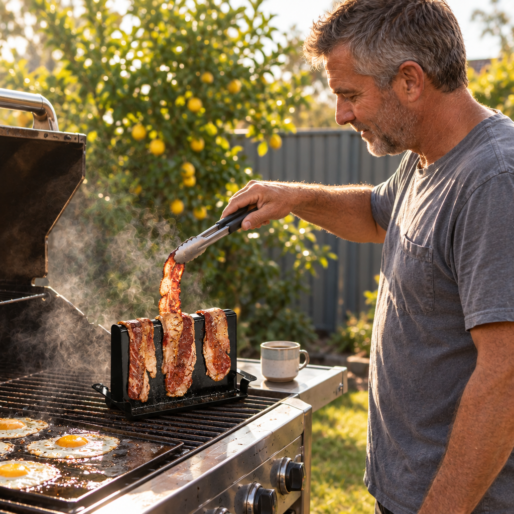 Bacon on the Bacon Rack next to eggs on a backyard BBQ