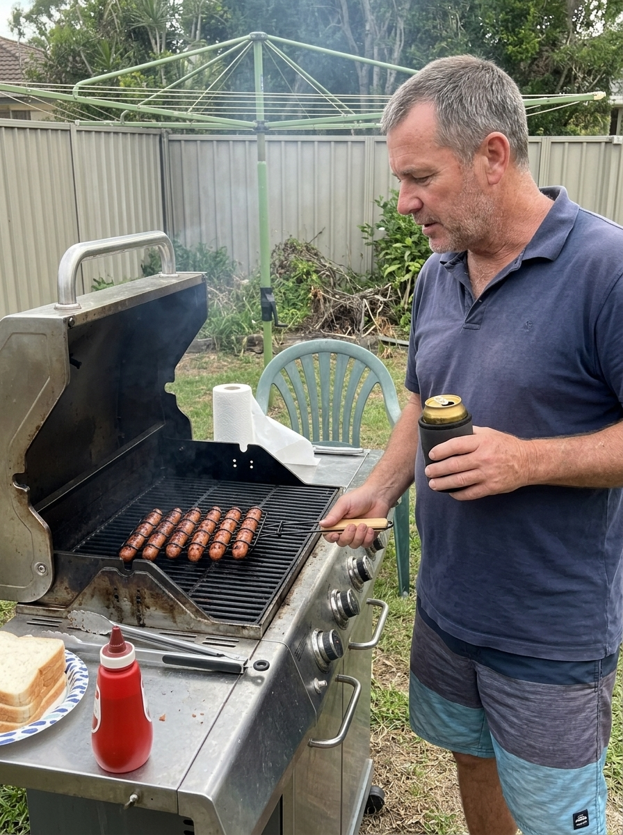 Flipping six snags in the Snag Rack on a backyard gas BBQ