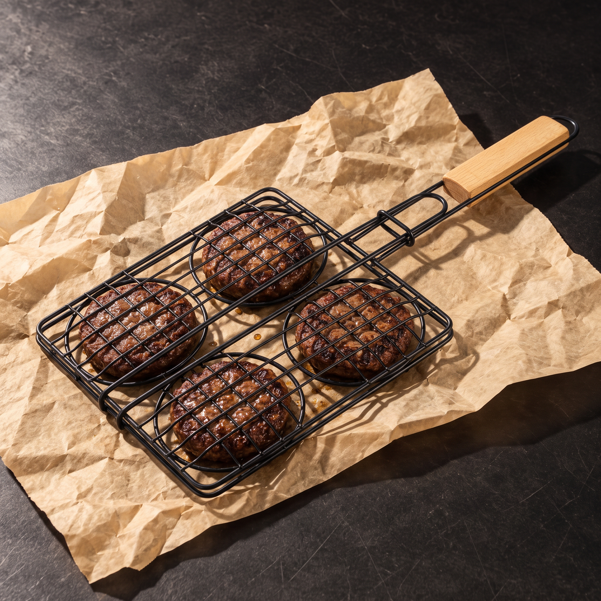 The Burger Rack holding four beef patties on butcher paper