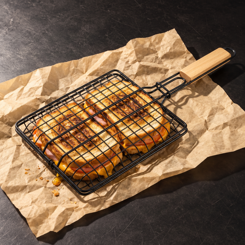 The Grill Basket holding two toasted sandwiches on butcher paper