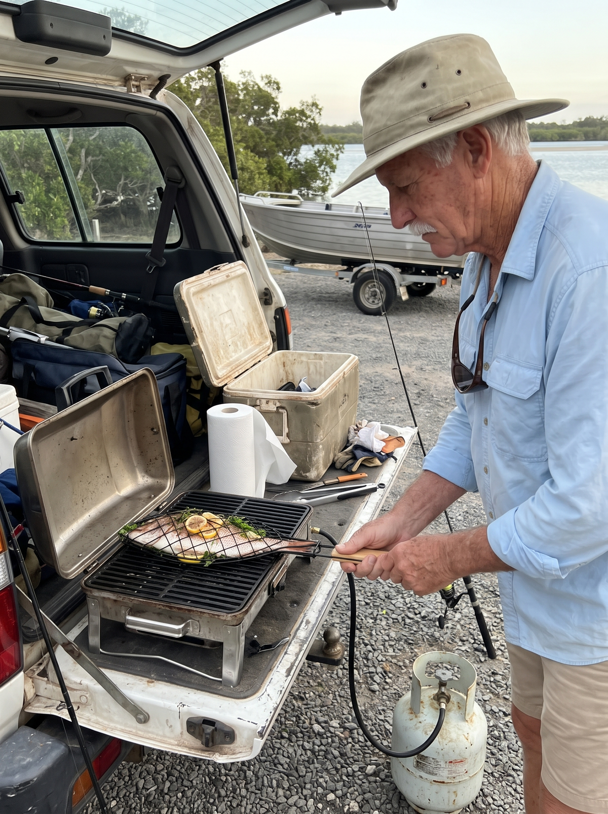 Turning a whole snapper in the Fish Basket at the boat ramp