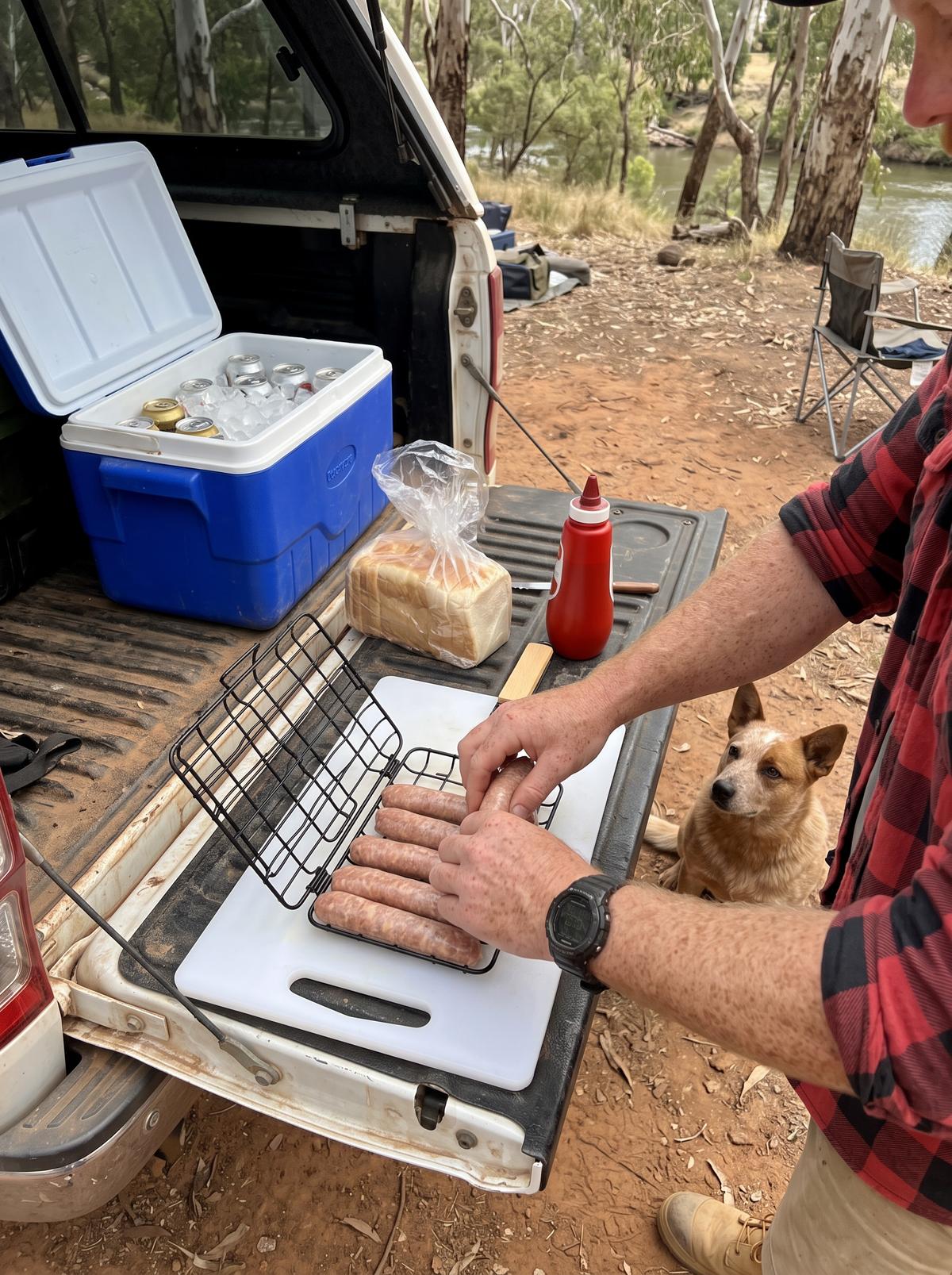 Loading raw snags into the Snag Rack on a ute tailgate