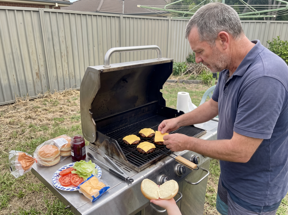 Adding cheese to four patties in the Burger Rack on a backyard gas BBQ