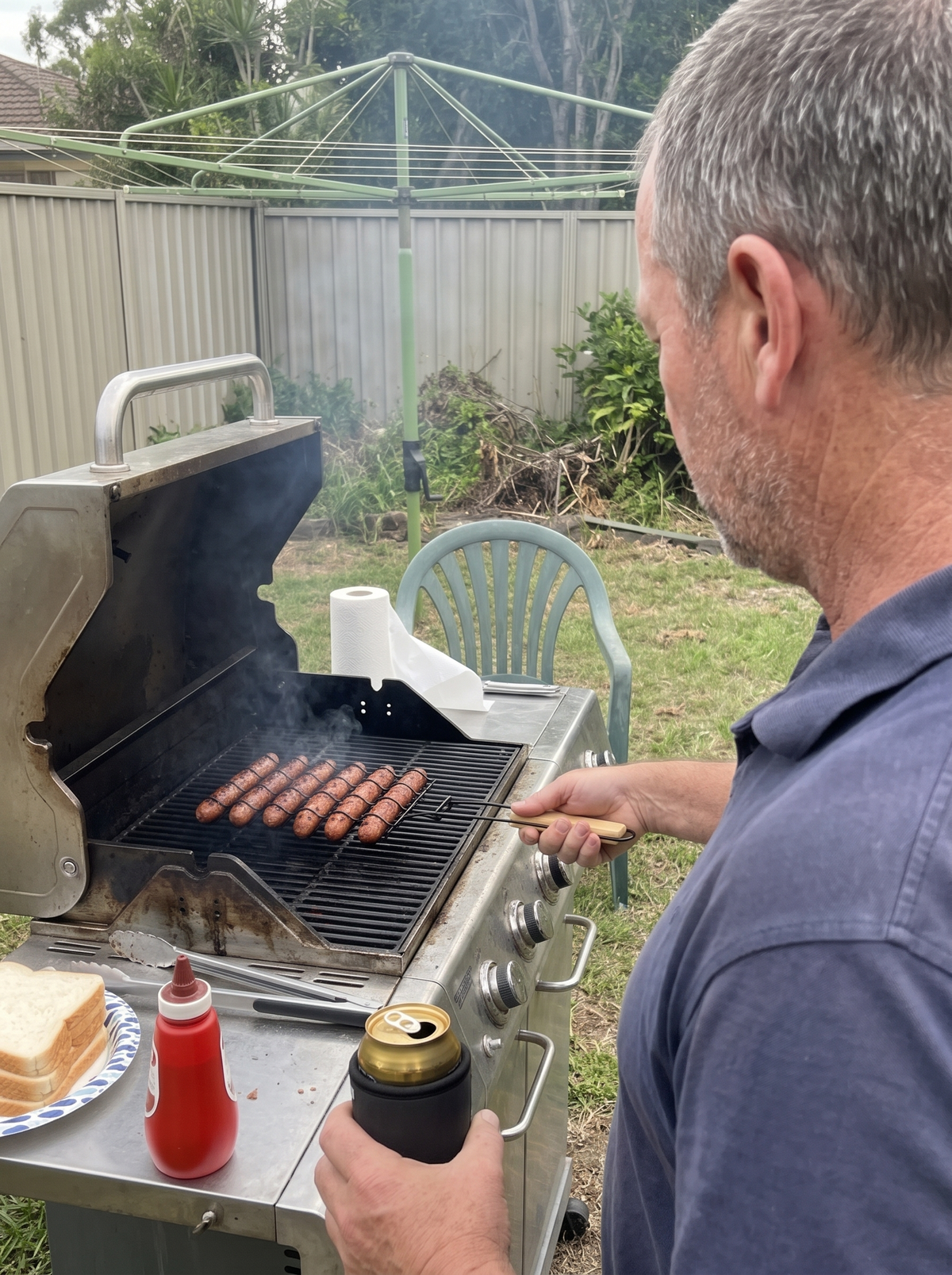 Flipping six snags in the Snag Rack with a stubby in hand