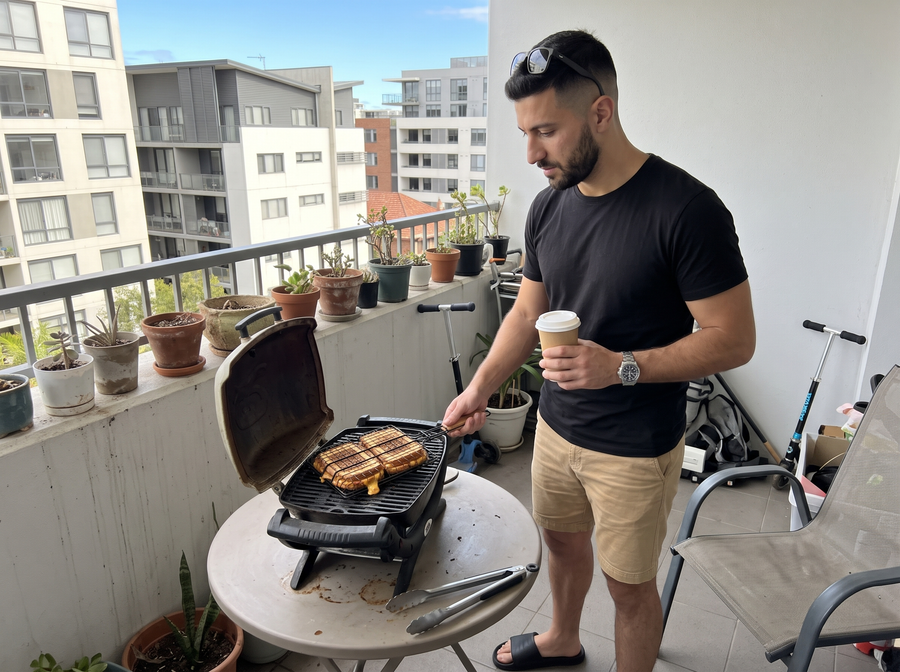 Flipping toasties in the Grill Basket on a balcony BBQ