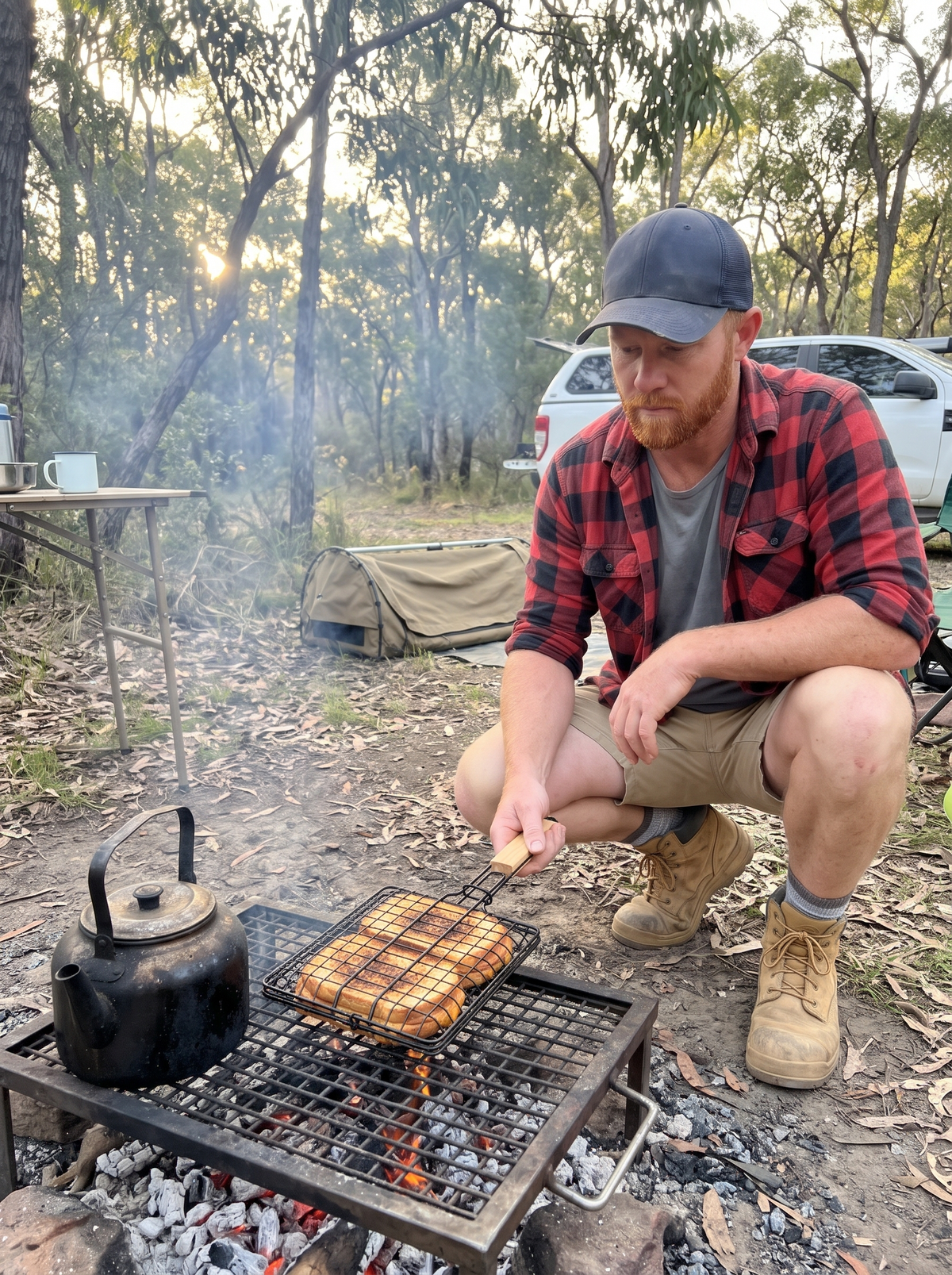 Toasting sandwiches in the Grill Basket over a campfire at dawn